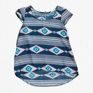 Pink Rose Blue and White Geometric Cap Sleeve Blouse